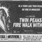 black and white print advertisements for Twin Peaks: Fire Walk With Me. Laura Palmer is pictured in a half heart necklace that is one fire. The title of the film is shown in white lettering