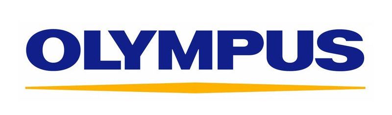 Olympus logo in blue with yellow line underneath on white background