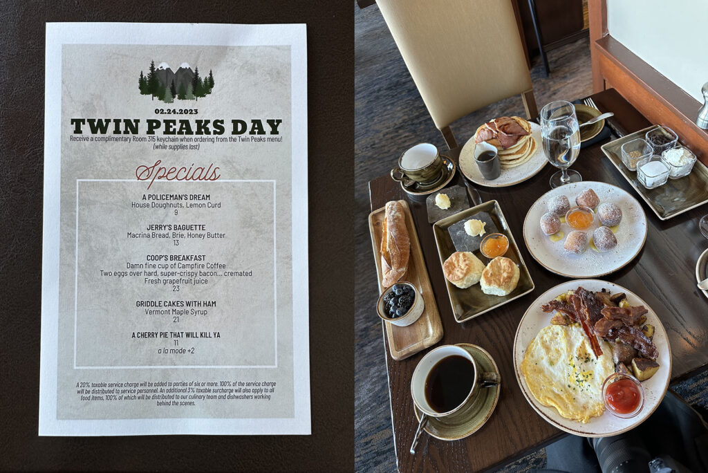 Menu from Twin Peaks Day breakfast and a table of breakfast food