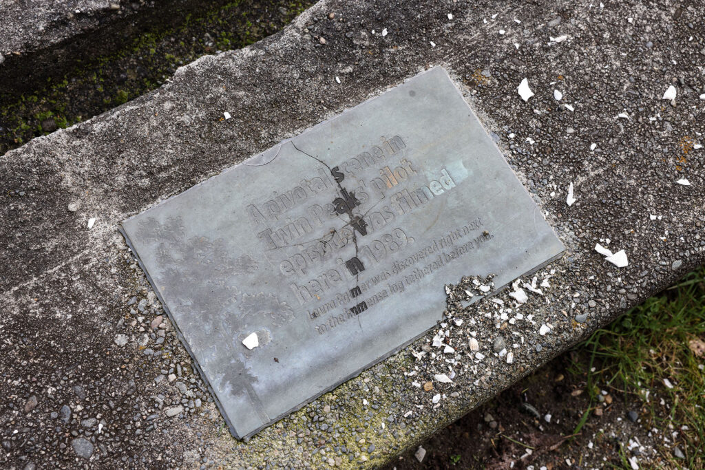 Silver plaque mounted on rock indicating spot where Laura Palmer's log was originally located.