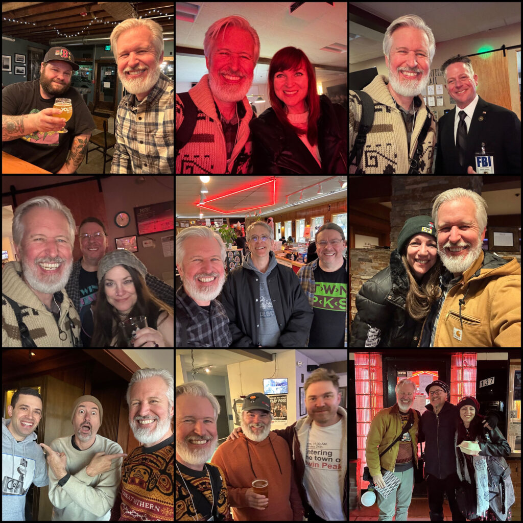 Collage of nine images of Steven posing with fellow Twin Peaks fans