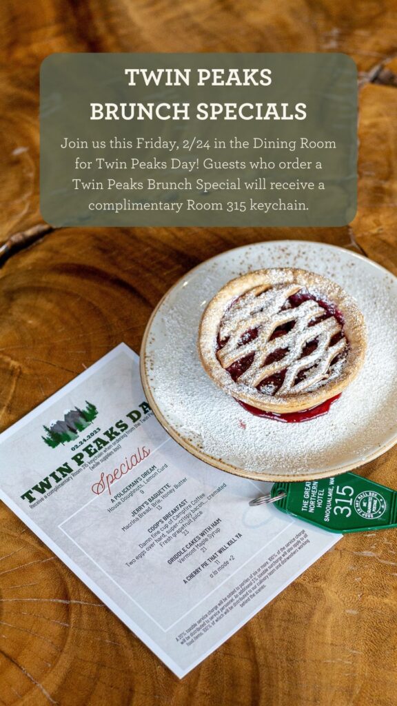 Advertisement for Twin Peaks Brunch specials with cherry pie, a key chain and menu.
