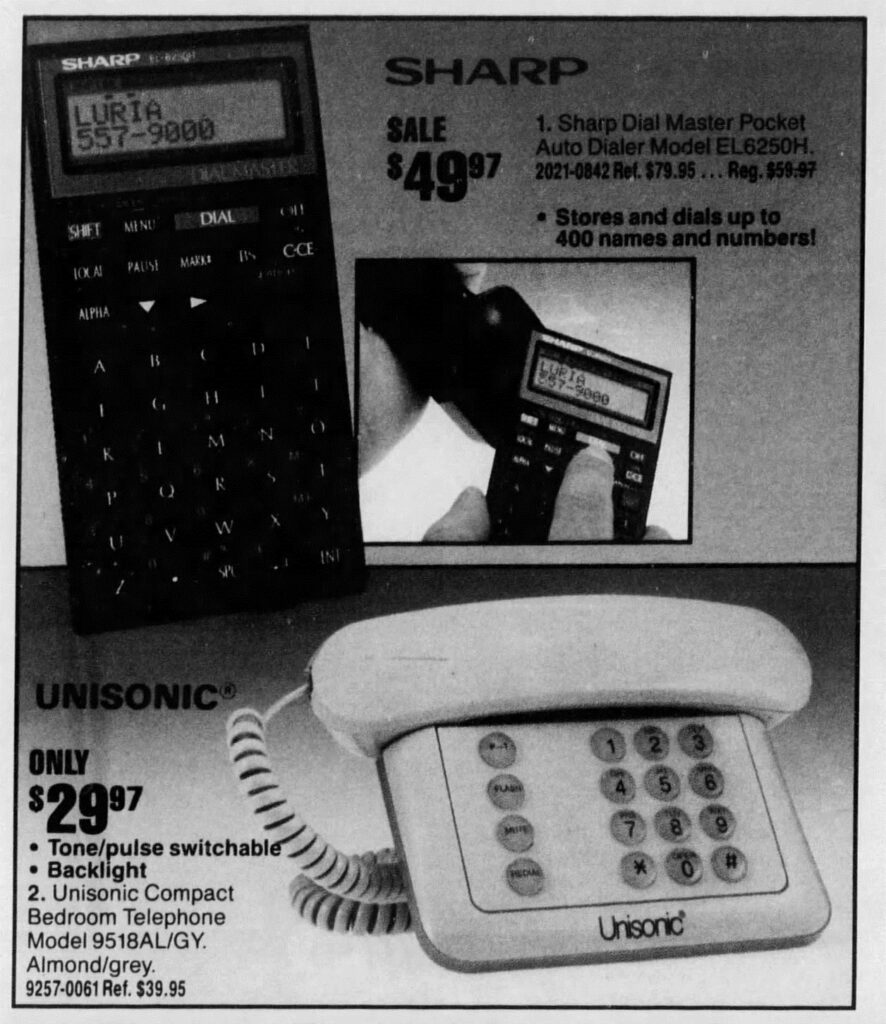 Newspaper advertisement for the Sharp Dial Master and a telephone by Unisonic