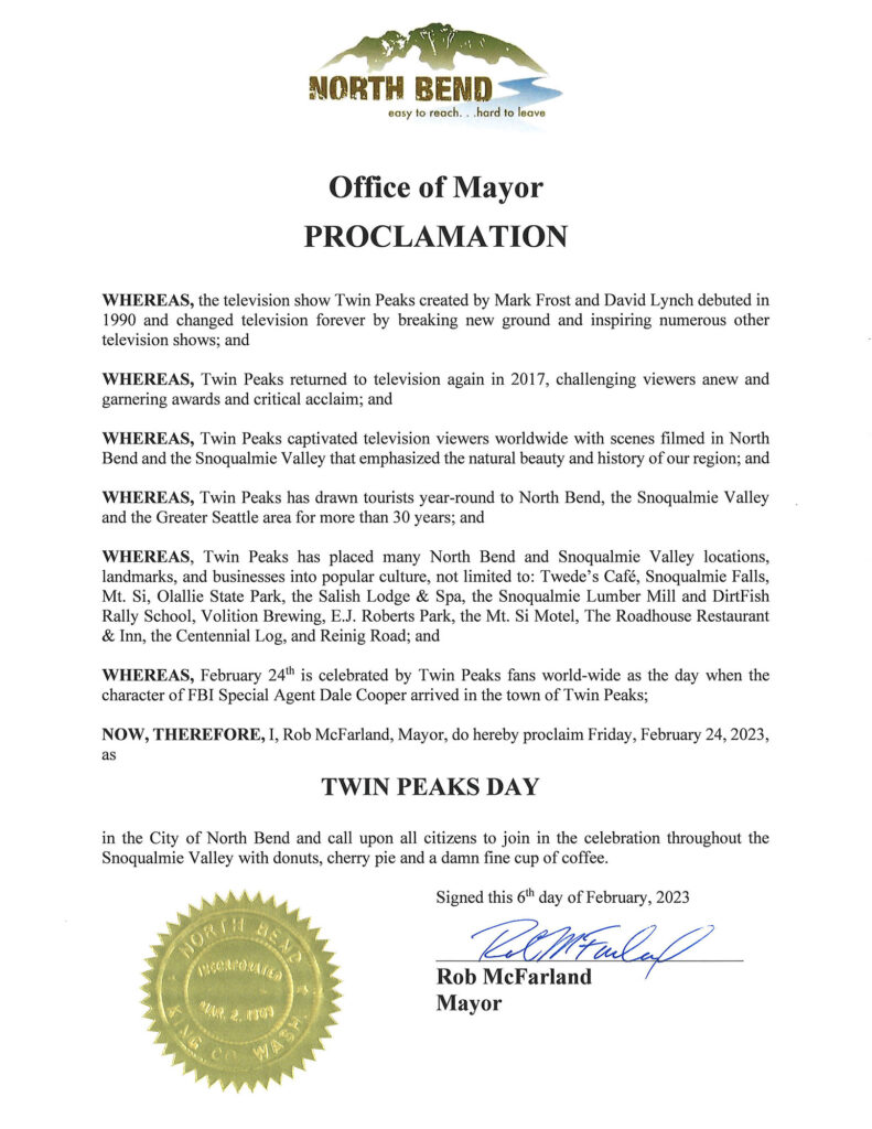 City of North Bend Proclamation for Twin Peaks Day
