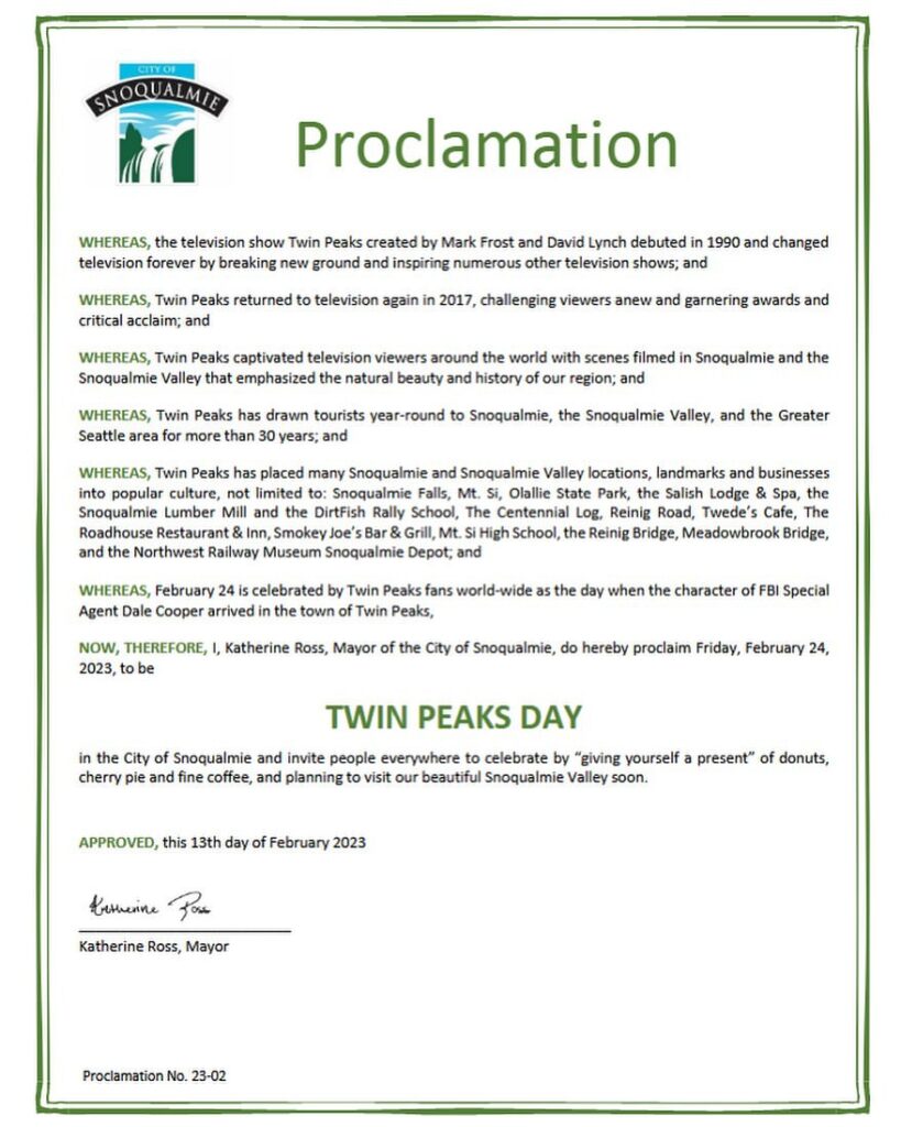 Proclamation for Snoqualmie about Twin Peaks Day