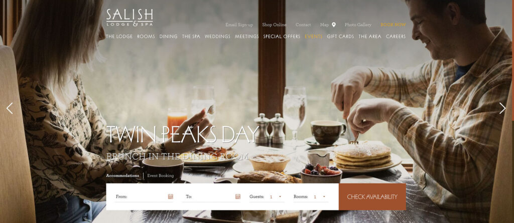 Website carousel image of two people enjoying breakfast.