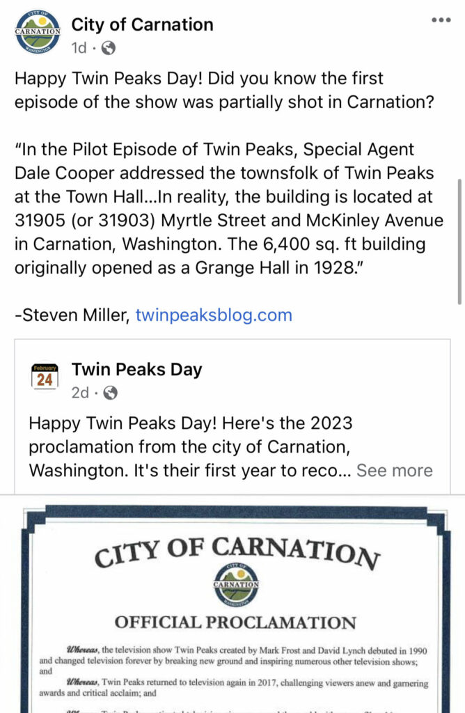 Facebook post from City of Carnation about Twin Peaks Day