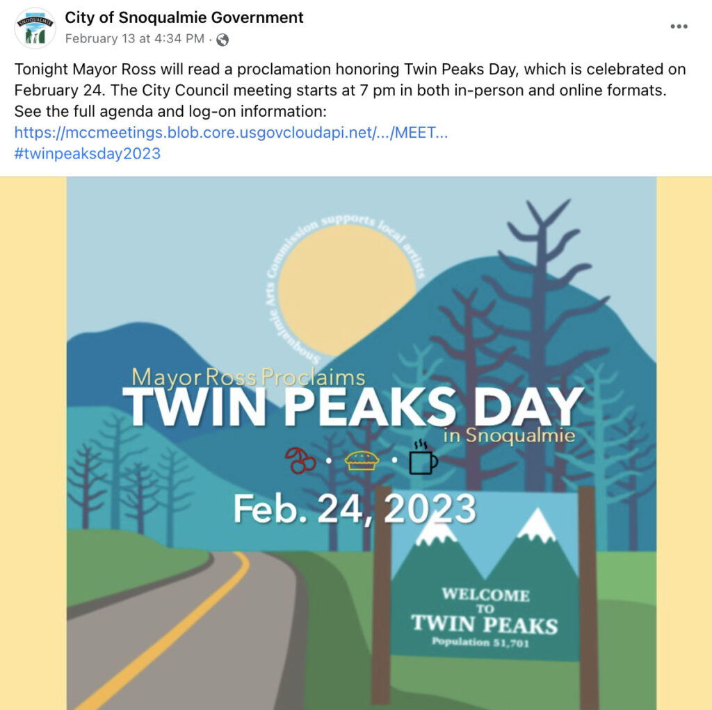 Facebook post from City of Snoqualmie Government with Twin Peaks Day graphic