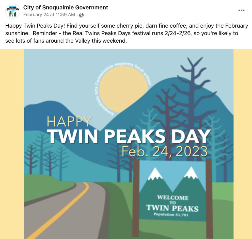 City of Snoqualmie Government Facebook page announcement for Twin Peaks Day