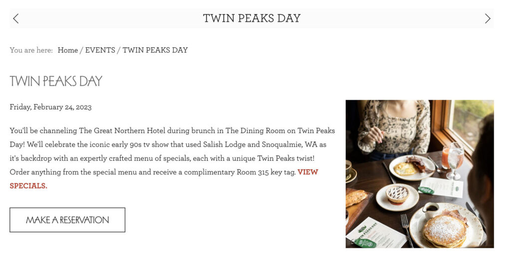 Website event page about Twin Peaks Day menu