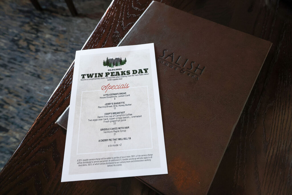 Brown Salish Lodge menu cover with special Twin Peaks Day menu 