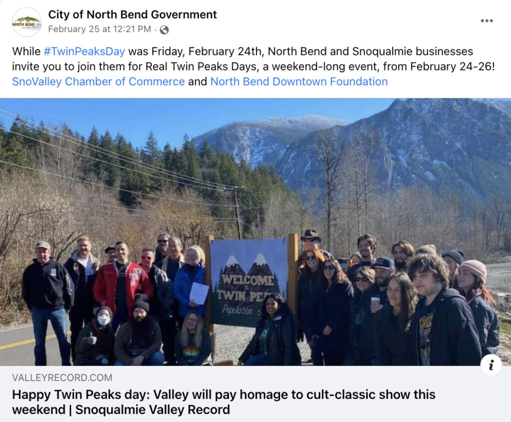 Facebook post from City of North Bend government with fans gathered at sign spot