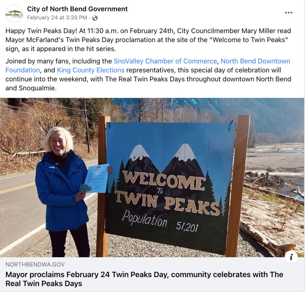 City of North Bend Government Facebook post about Twin Peaks Day with photo of City Councilwoman Mary Miller