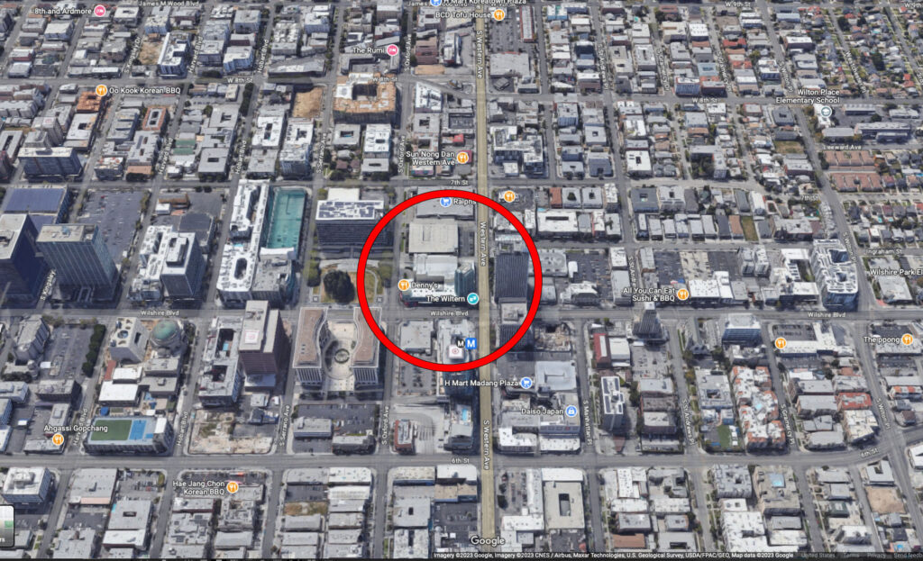 Aerial view of the Wiltern circled in red on Google Maps 