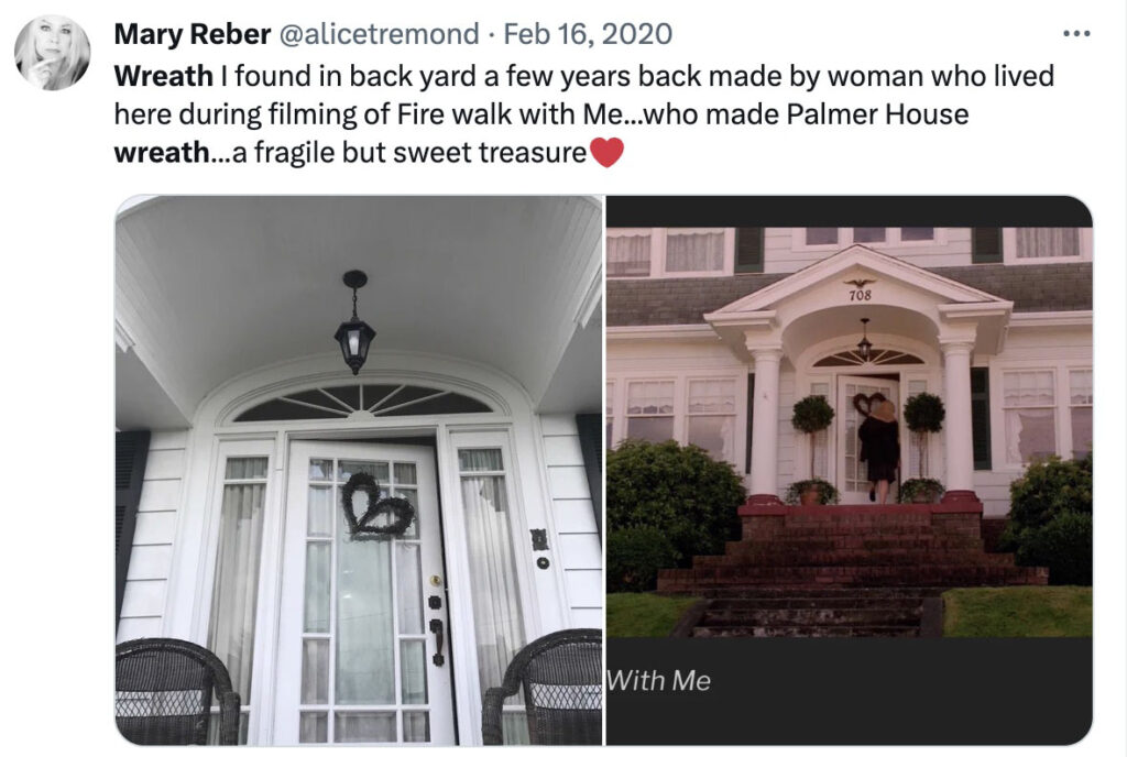 Tweet from Mary Reber about the heart-shaped wreath.