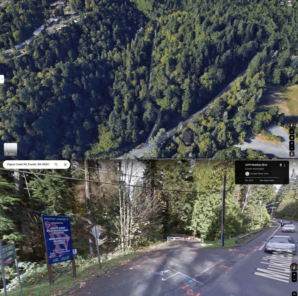 Google Street View and Aerial view of Pigeon Creek Road in Everett, Washington
