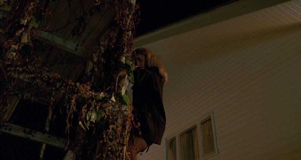 Laura Palmer climbing down the side of her house