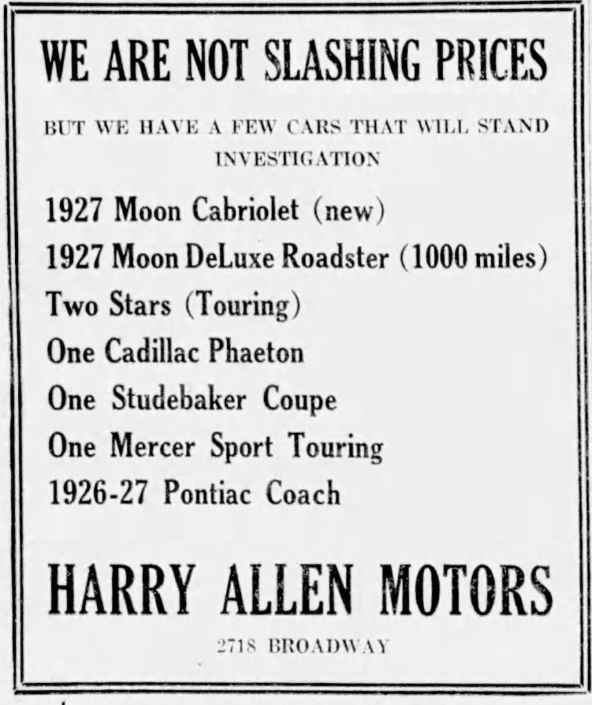 Newspaper ad for Harry Allen Motors