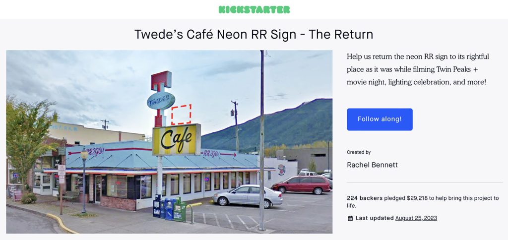 A webpage with an image of Twede's Cafe with a red outline where the neon sign would be replaced.