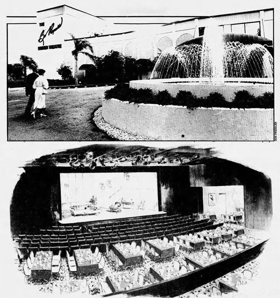 Black and white images of the exterior of the Burt Reynolds Theatre and the interior dinner seating and stage.