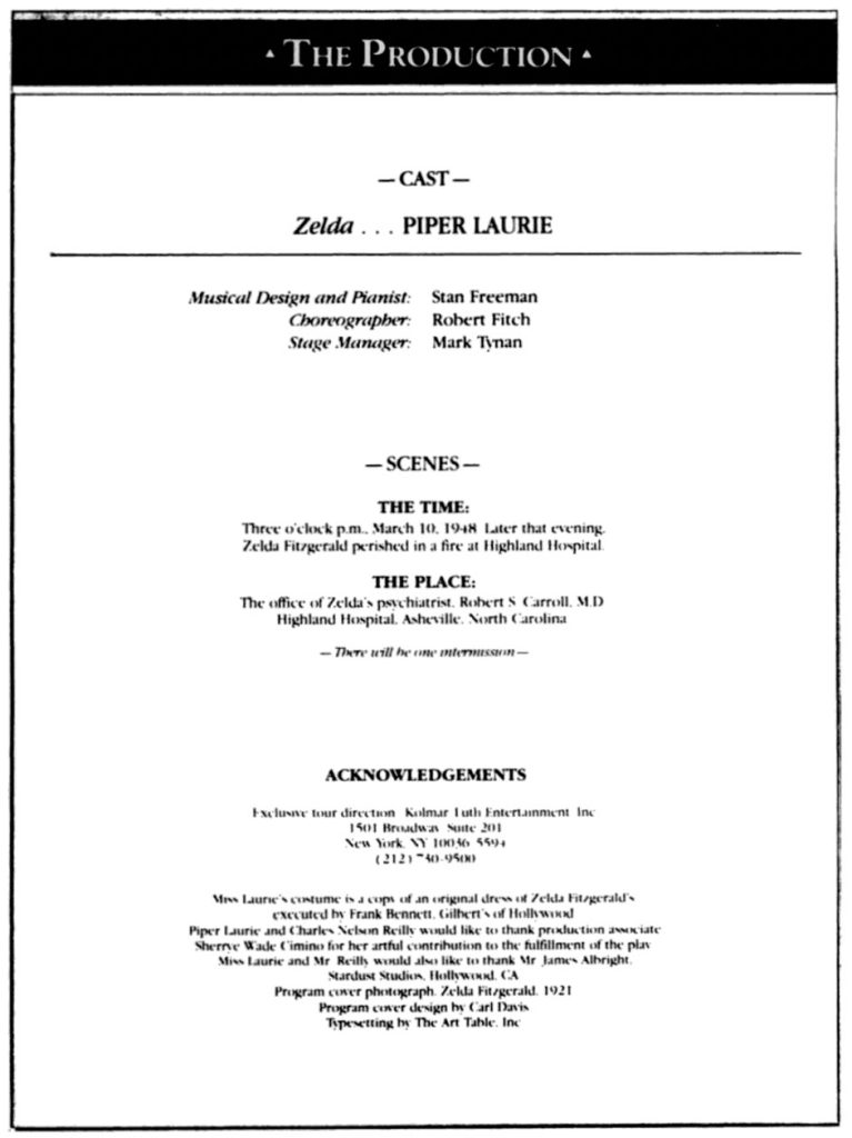 Program credits for Zelda: The Last Flapper