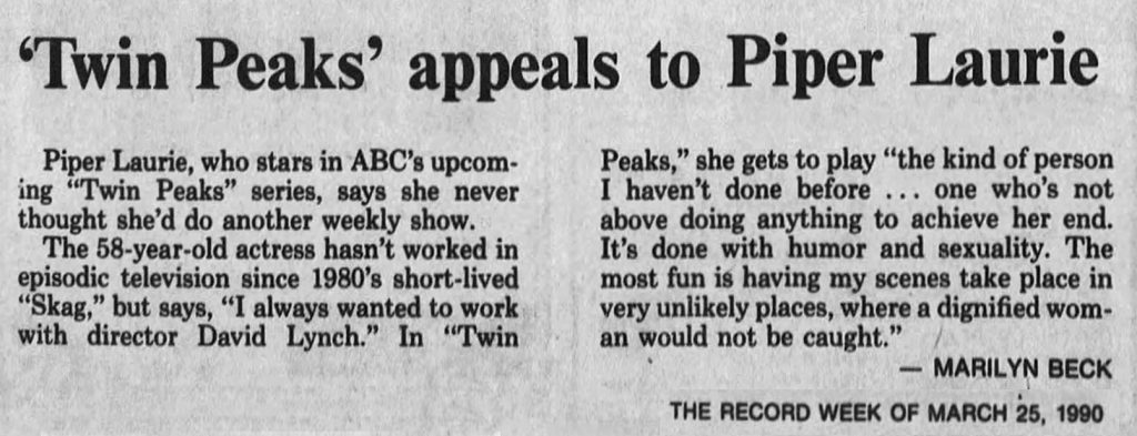 Newspaper article with a brief interview with Piper Laurie