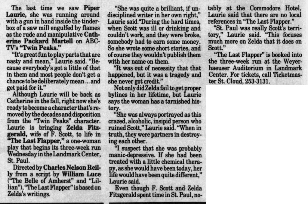 Article about Piper Laurie's performance in Zelda and career history