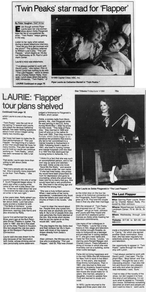 Newspaper article about Piper Laurie and Zelda: The Last Flapper