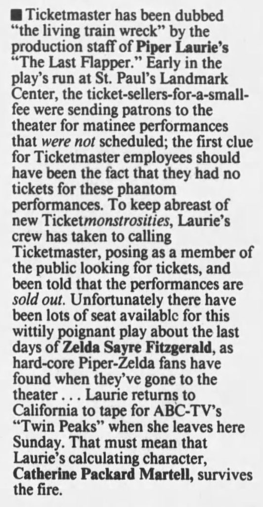 Newspaper article about Ticketmaster and Piper Laurie's production