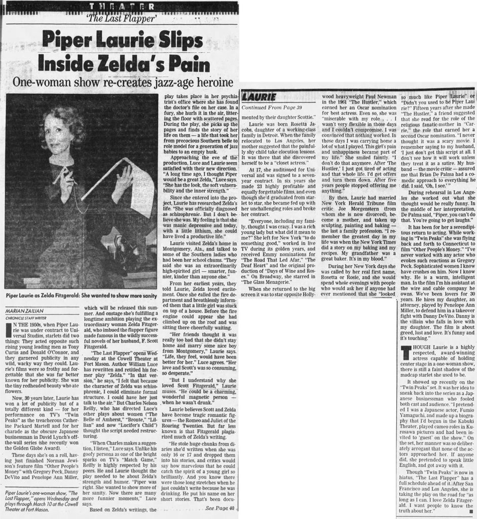 Article about Piper Laurie's performance in Zelda: The Last Flapper