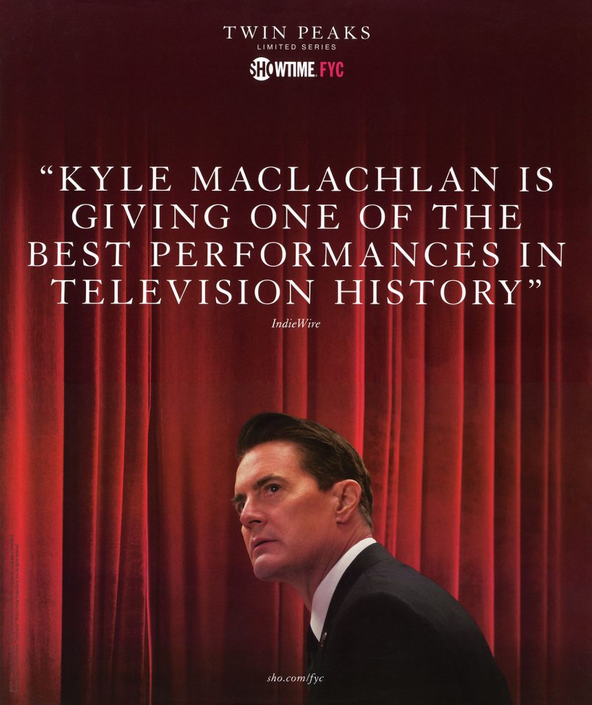 Oversize advertisement with Kyle MacLachlan as Special Agent Dale Cooper standing against red curtains with a large quote from IndieWire