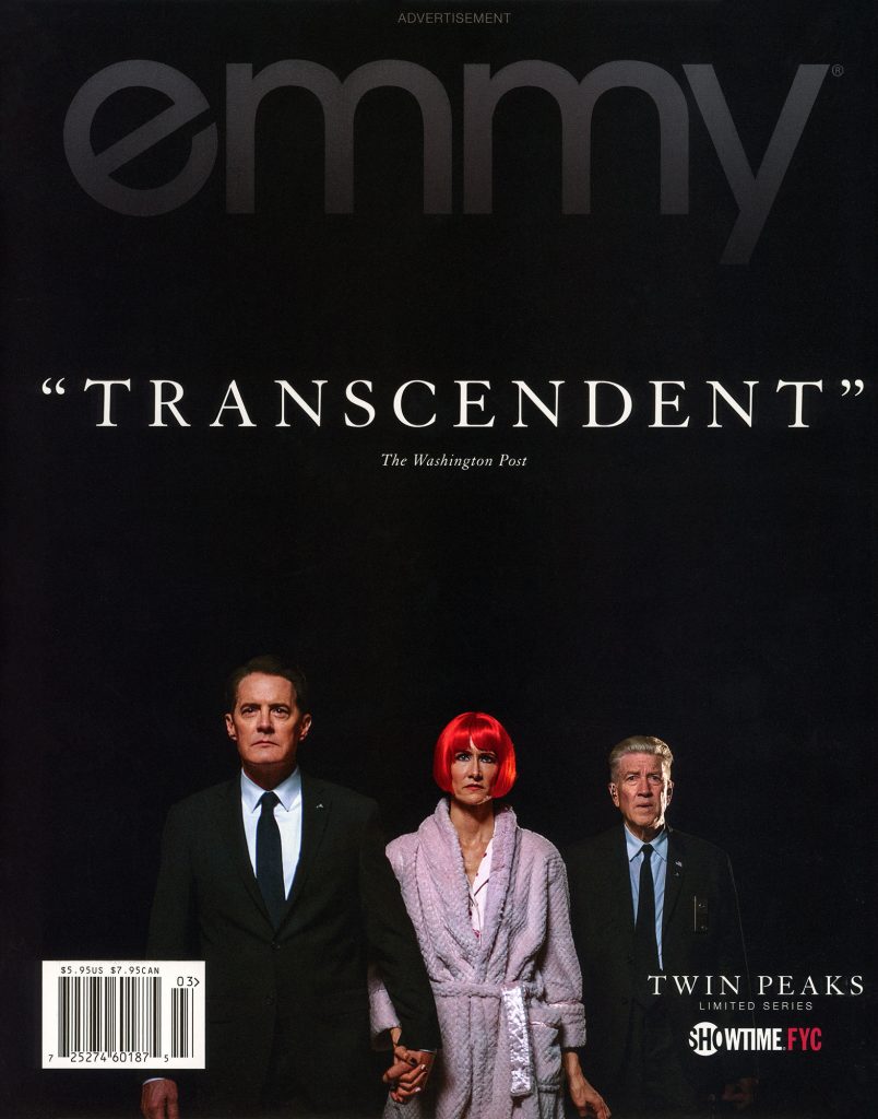 Emmy award advertisement featuring Twin Peaks characters and the quote "Transcendent."