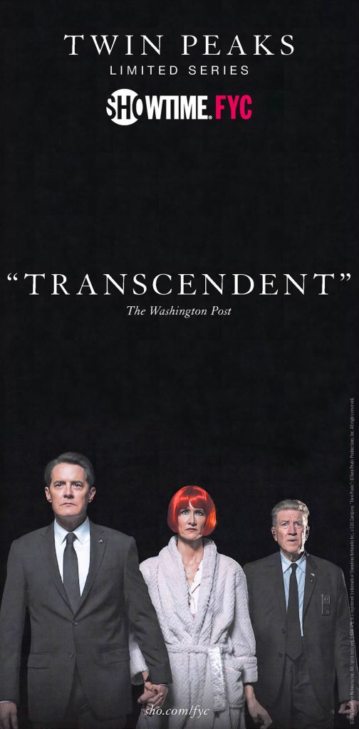 Long rectangular advertisement featuring Twin Peaks characters and the word "Transcendent"