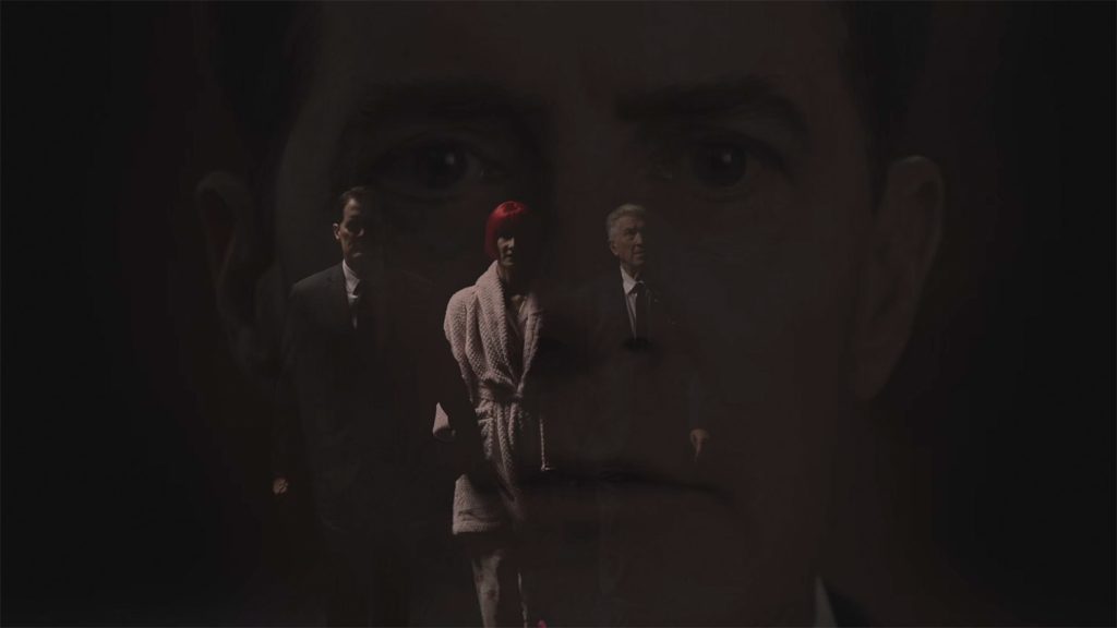 Agent Cooper's face superimposed over Agent Cooper, Diane Evans and Deputy Director Gordon Cole walking