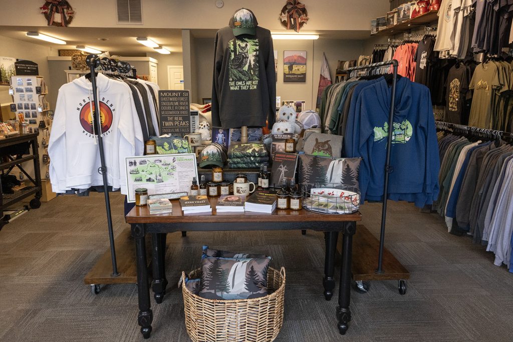 Merchandise table inside North Bend Trading Co.