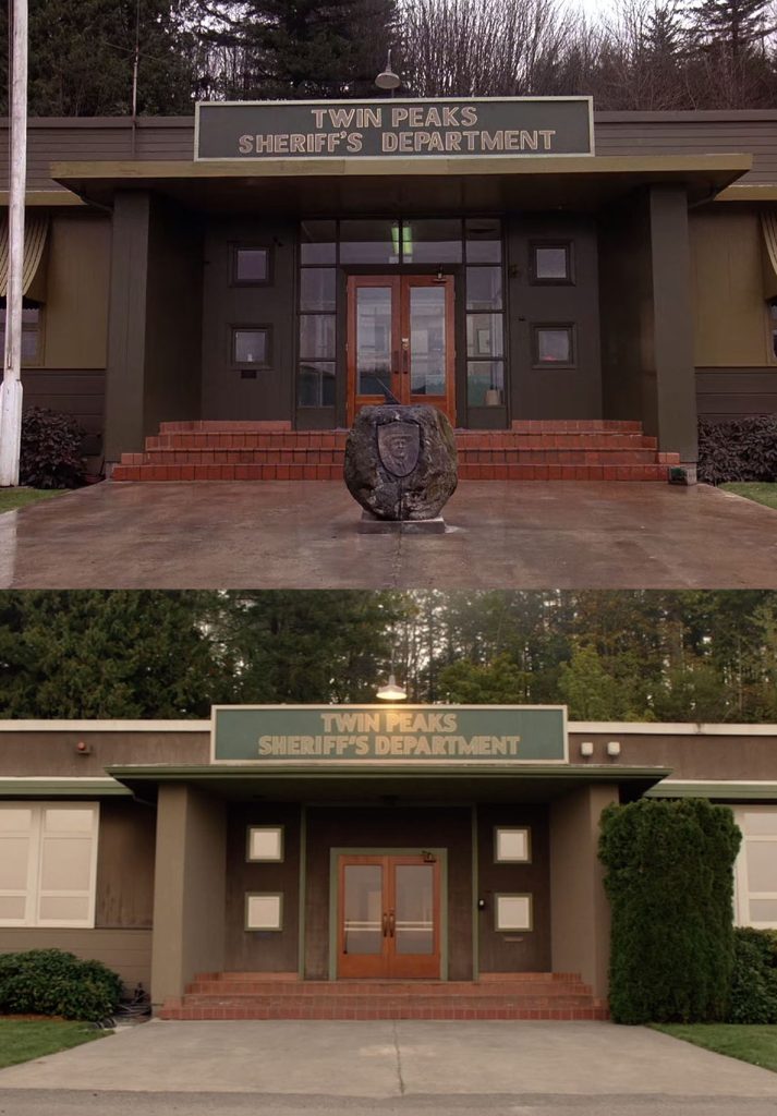 Exterior of Twin Peaks Sheriff's Department with and without the W.W. Warren stone monument