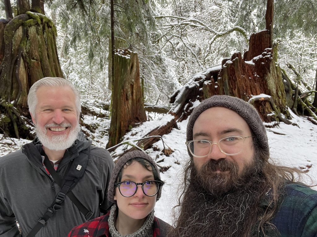 Steven, Vinnie and Christin at Jack Rabbit's Palace in Olallie State Park during Winter.
