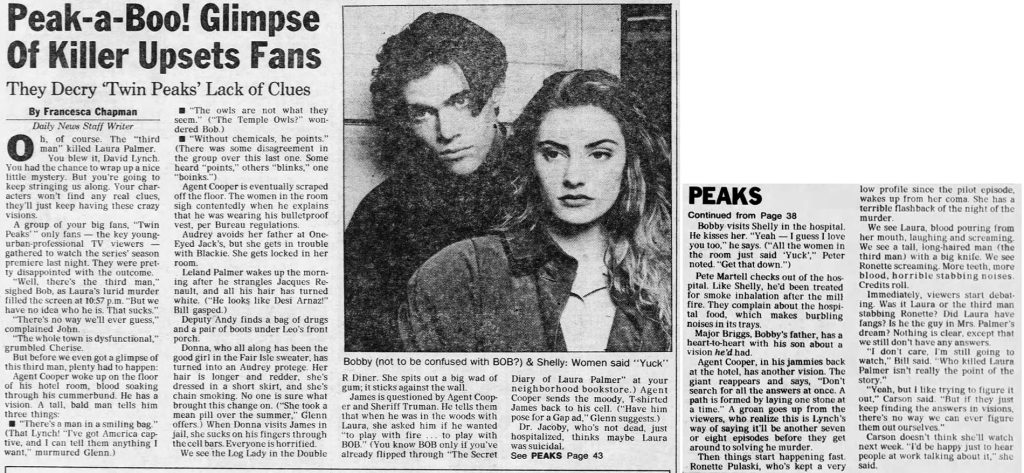 Newspaper article about Twin Peaks with image of Bobby Briggs and Shelly Johnson