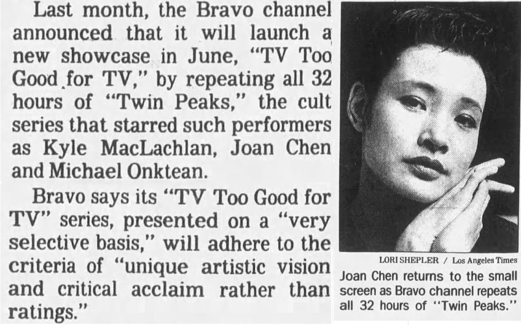 Newspaper article about Bravo with an image of Joan Chen