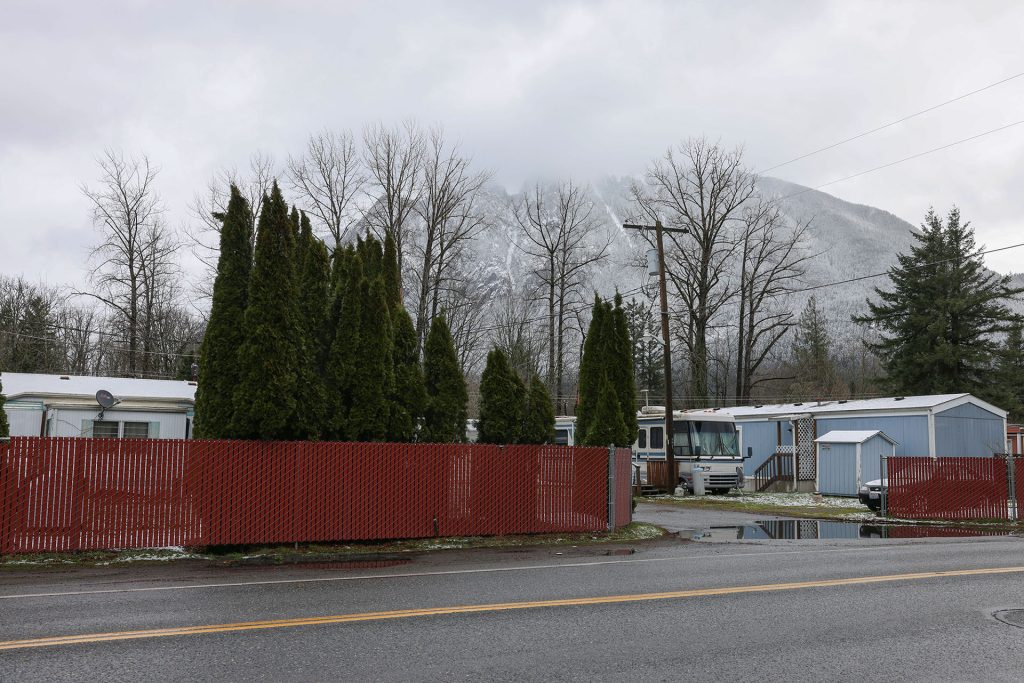 Towne Mobile Home Park in North Bend, WA with snow covered Mount Si