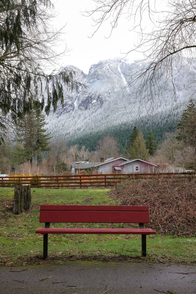 Carl Rodd's bench with snow-covered Mount Si in distance.