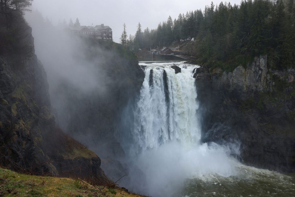Snoqualmie Falls with heavy flow in winter