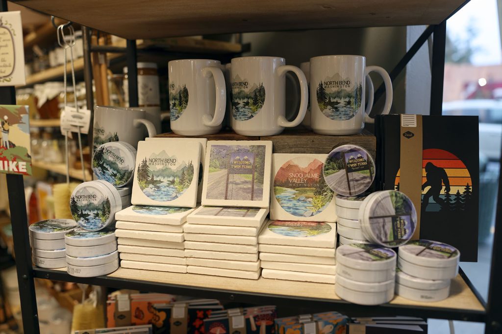 Display of mugs and coasters