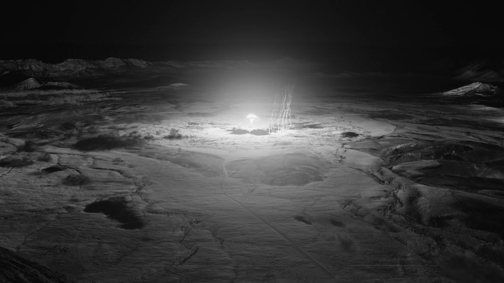 Black and white image of a nuclear bomb explosion