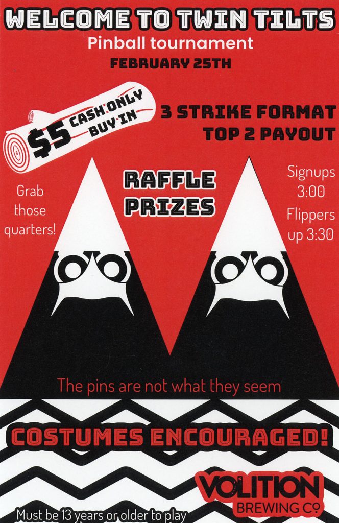 Red, black and white poster for Twin Tilts pinball tournament. Two triangles have upside down owls