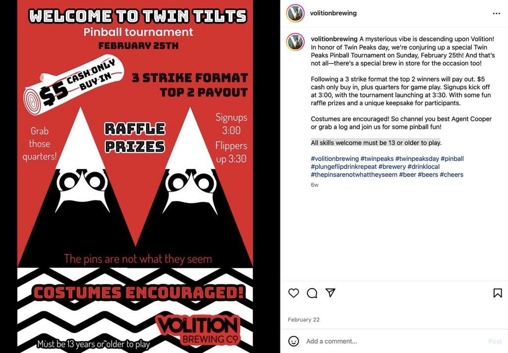 Instagram post about Twin Tilts Pinball Tournament