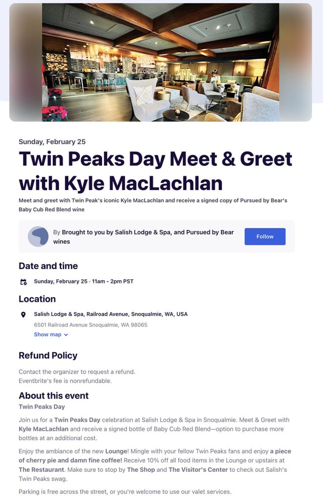 Event page details for meeting Kyle MacLachlan