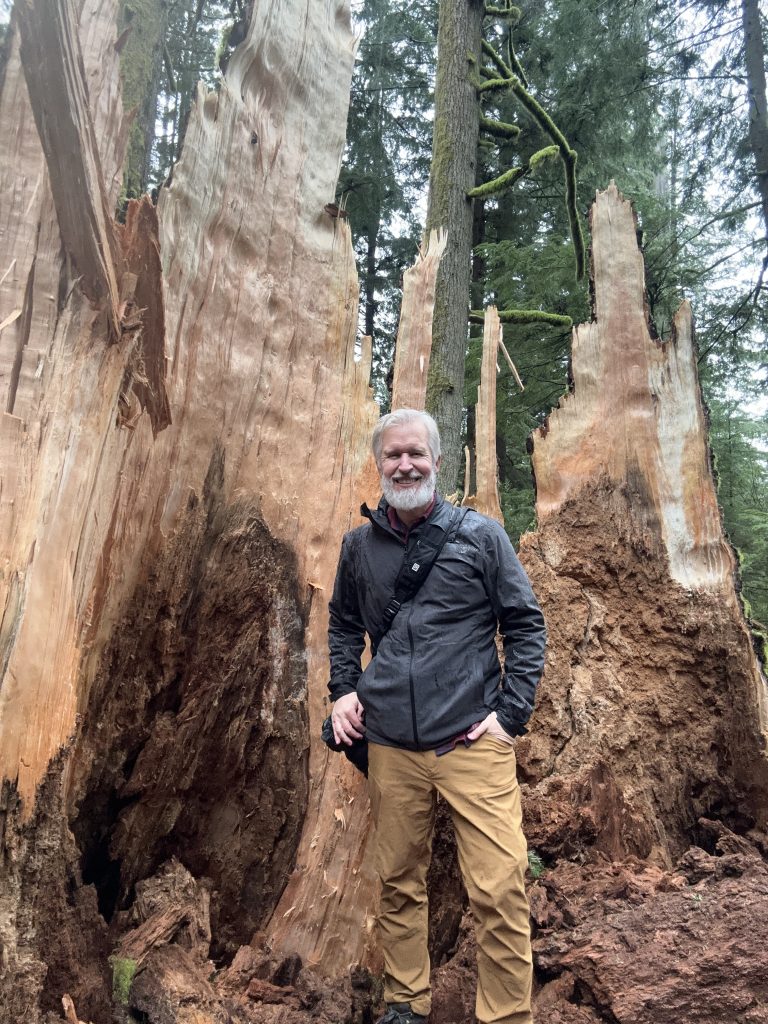 Steven standing inside cracked tree stump