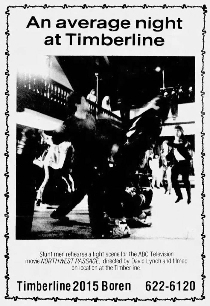 Black and white advertisement for the Timberline with a behind the scenes image of a stunt fight from Twin Peaks