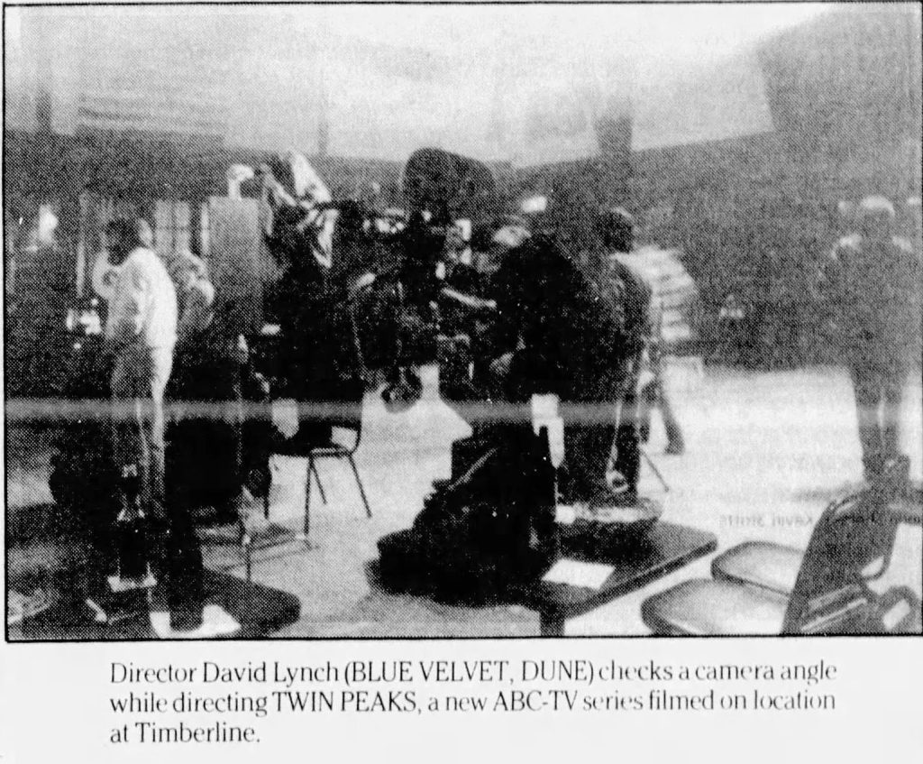 black and white of a behind the scenes image from Twin Peaks